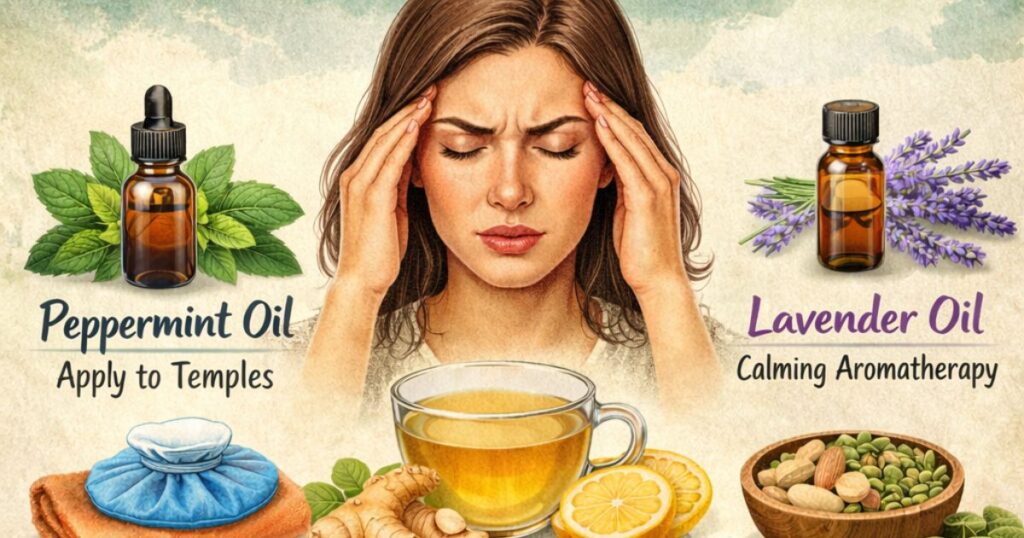 Natural remedies for headache with ginger, peppermint oil and lavender oil