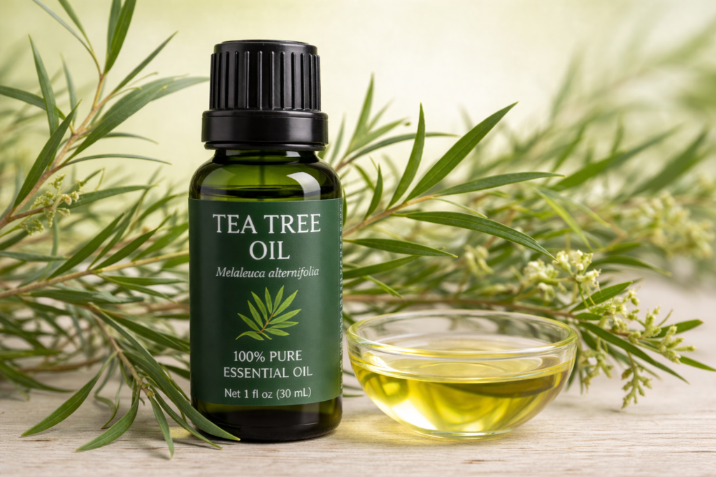 Tea tree oil bottle with natural leaves for skin, hair, and dandruff treatment