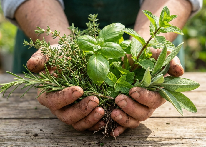 “Hands holding fresh green herbs for natural wellness”